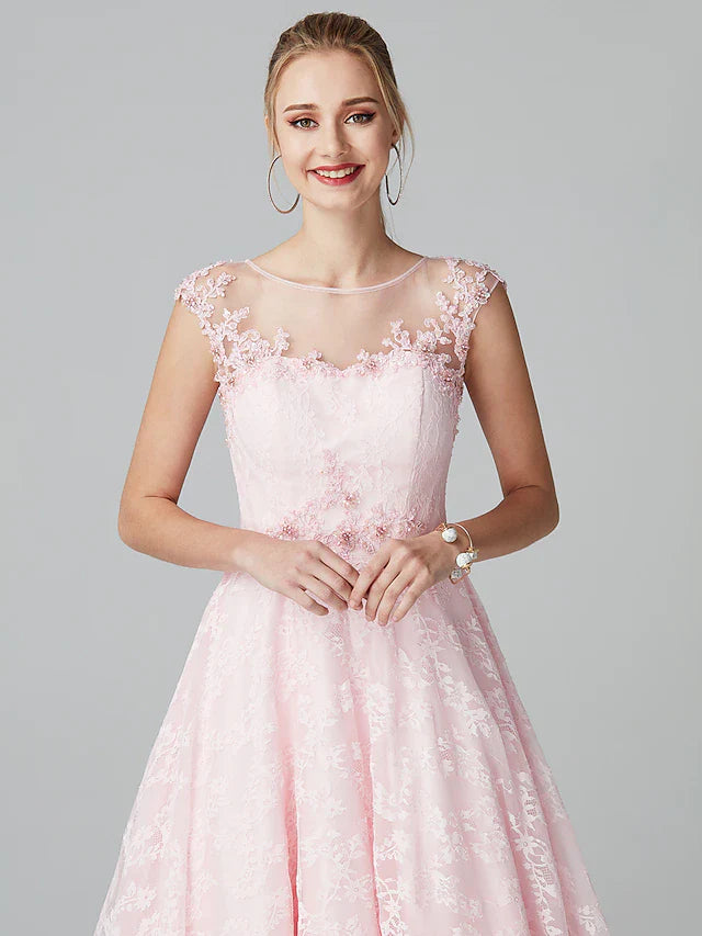 A-Line Prom Dresses Floral Dress Evening Party Ankle Length Short Sleeve Illusion Neck Lace Zipper with Appliques