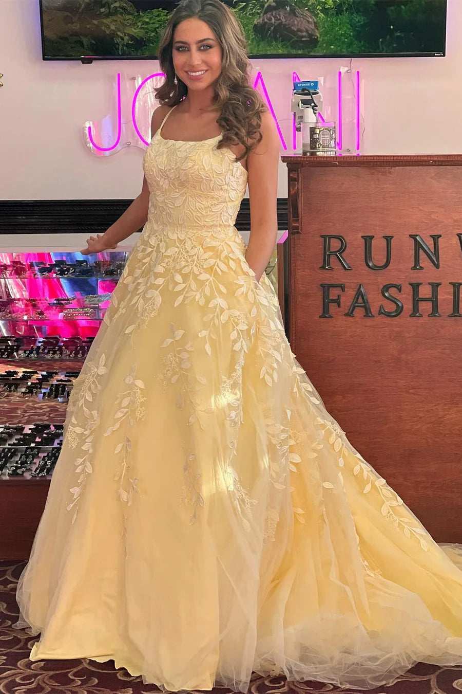 A-Line Nude Pink Straps Appliques Long Prom Gown