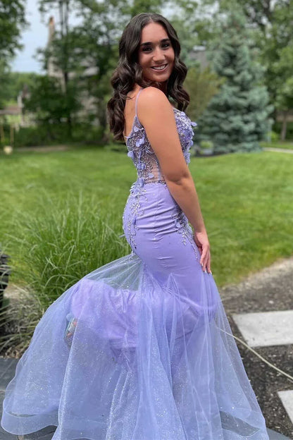 V-Neck Open Back Appliques Trumpet Long Formal Dress