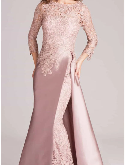 Trumpet Mother of the Bride Dress Wedding Guest Elegant Scoop Neck Floor Length Satin Long Sleeve with Lace Split