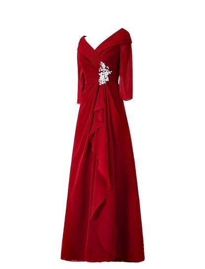 A-Line Minimalist Elegant Wedding Guest Formal Evening Dress V Neck Half Sleeve Floor Length Chiffon with Draping Appliques