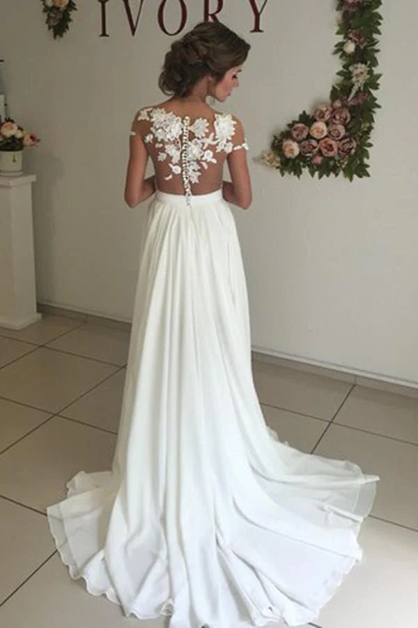 V-neck Cap Sleeves Sweep Train  Wedding Dress with Appliques