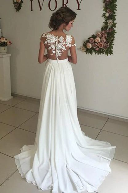 V-neck Cap Sleeves Sweep Train  Wedding Dress with Appliques