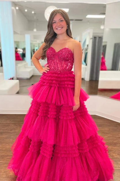 Multi-Layers Strapless Appliques A-line Tulle Long Prom Dress
