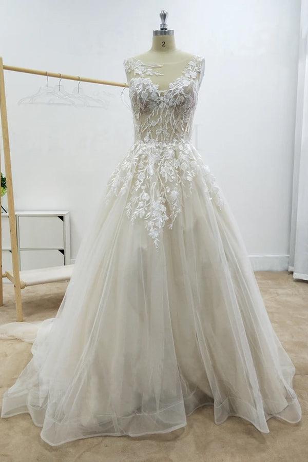 A-line Floral Applique Beach Wedding Dresses Backless Wedding Gown