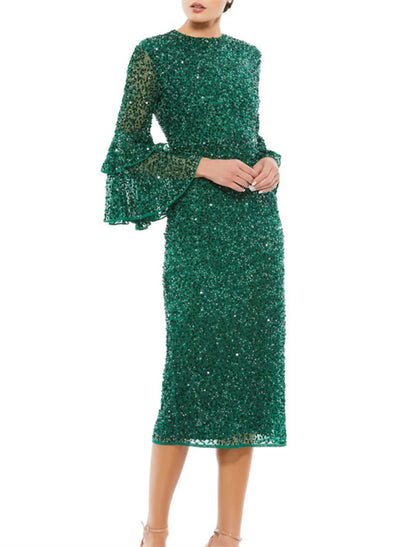 Sheath / Column  Glittering Sparkle Cocktail Dresses Party Dress Party Wear Wedding Guest Tea Length 3/4 Length Sleeve Jewel Neck Sequined with Sequin Ruffles