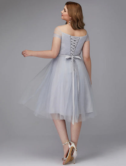 Plus Size A-Line Elegant Dress Homecoming Dresses Wedding Guest Cocktail Party Tea Length Short Sleeve Off Shoulder Tulle with Sash / Ribbon Criss Cross