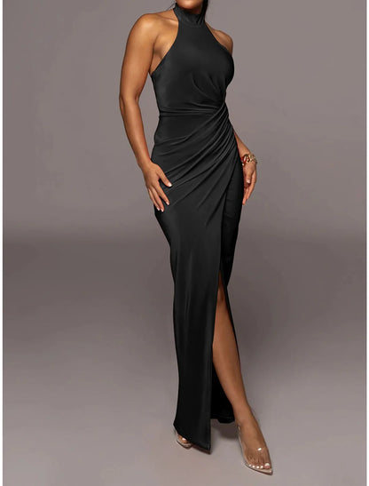Prom Dress Party Dress Homecoming Dress Sleeveless Pure Color Ruched Halter Neck Party Evening Party Wedding Guest Summer Dress Slim