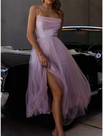 Party Dress Homecoming Dress Wedding Guest Dress Midi Dress Purple Sleeveless Pure Color Mesh Spring Fall Winter Spaghetti Strap Fashion Birthday Wedding Guest Vacation