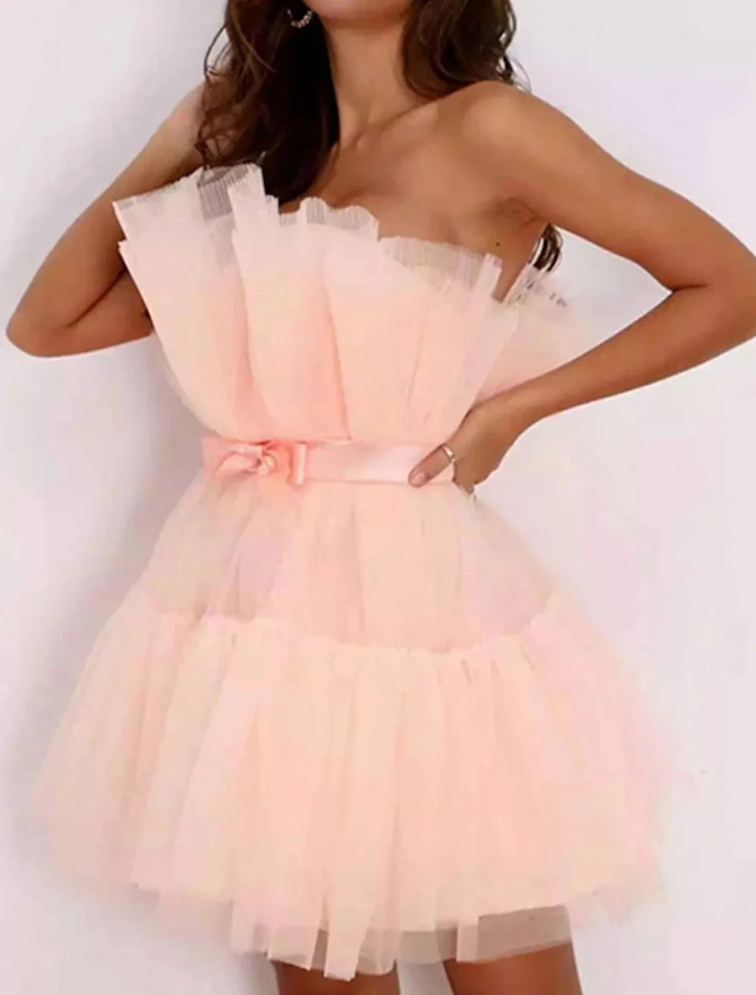 Party Dress Corset Dress Homecoming Dress Mini Dress Sleeveless Pure Color Backless Layered Mesh Strapless Party Personalized Stylish Party