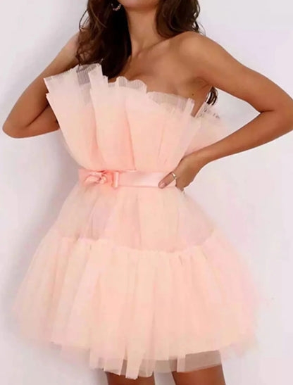 Party Dress Corset Dress Homecoming Dress Mini Dress Sleeveless Pure Color Backless Layered Mesh Strapless Party Personalized Stylish Party