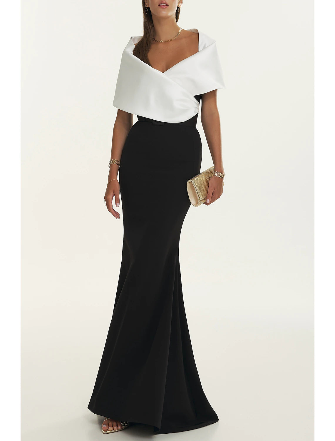 Sheath Mermaid  Off the Shoulder Short Sleeve  Evening Gown Black Floor Length  Satin Pleated Prom Dress with Belt