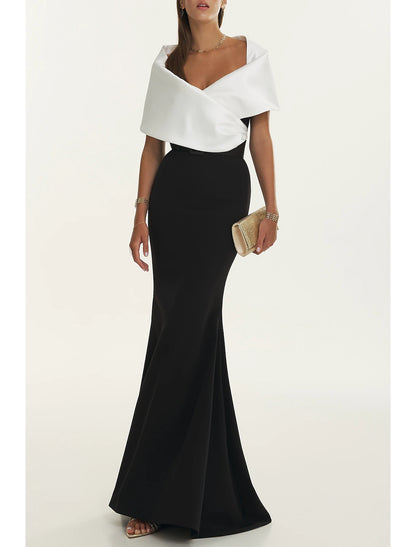 Sheath Mermaid  Off the Shoulder Short Sleeve  Evening Gown Black Floor Length  Satin Pleated Prom Dress with Belt