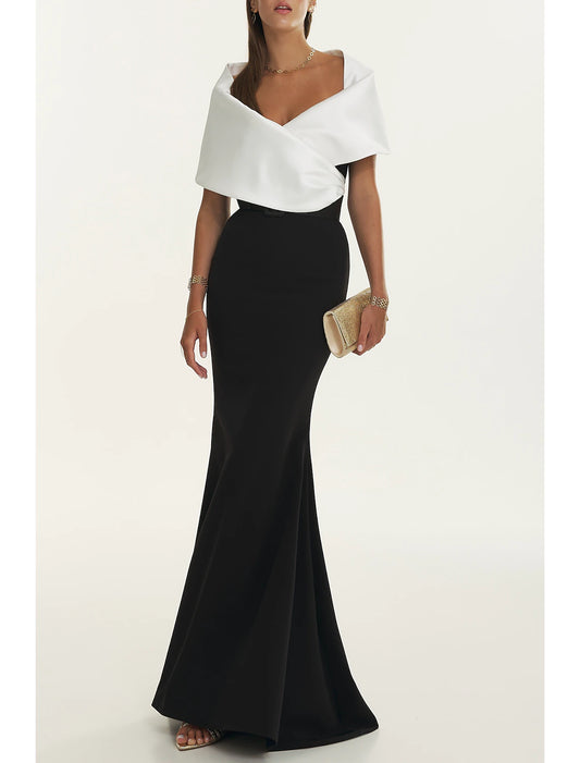 Sheath Mermaid  Off the Shoulder Short Sleeve  Evening Gown Black Floor Length  Satin Pleated Prom Dress with Belt