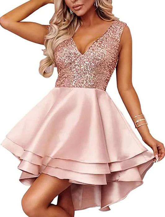 A-Line  Party Dress Homecoming Cocktail Party Asymmetrical Sleeveless V Neck Pink Dress Satin with Sequin Tiered