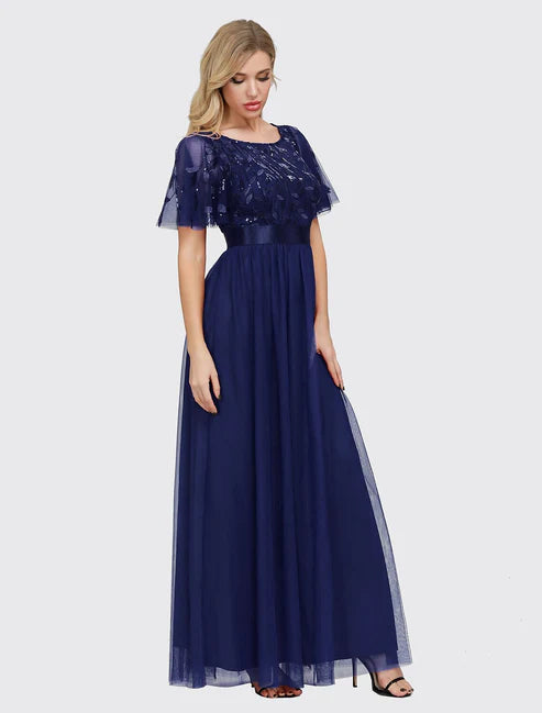 A-Line  Elegant Party Wear Prom Dress Jewel Neck Short Sleeve Floor Length Tulle with Embroidery / Illusion Sleeve