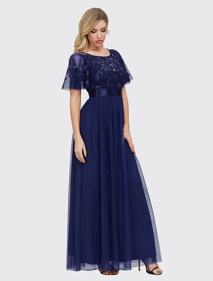 A-Line  Elegant Party Wear Prom Dress Jewel Neck Short Sleeve Floor Length Tulle with Embroidery / Illusion Sleeve