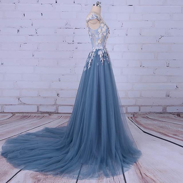 A-line Scoop Neck Sweep/Brush Train Evening Dress Long Prom Dress With Flora Appliques