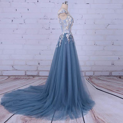 A-line Scoop Neck Sweep/Brush Train Evening Dress Long Prom Dress With Flora Appliques