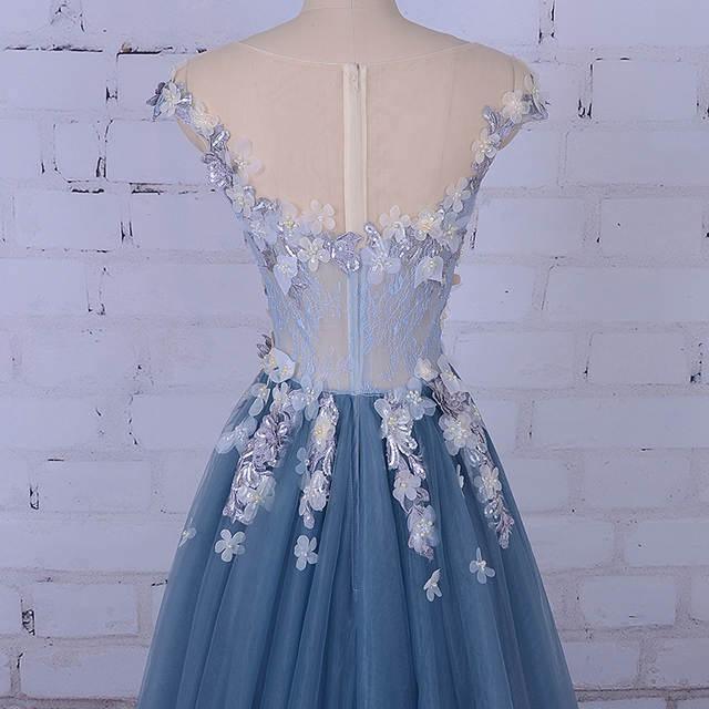 A-line Scoop Neck Sweep/Brush Train Evening Dress Long Prom Dress With Flora Appliques