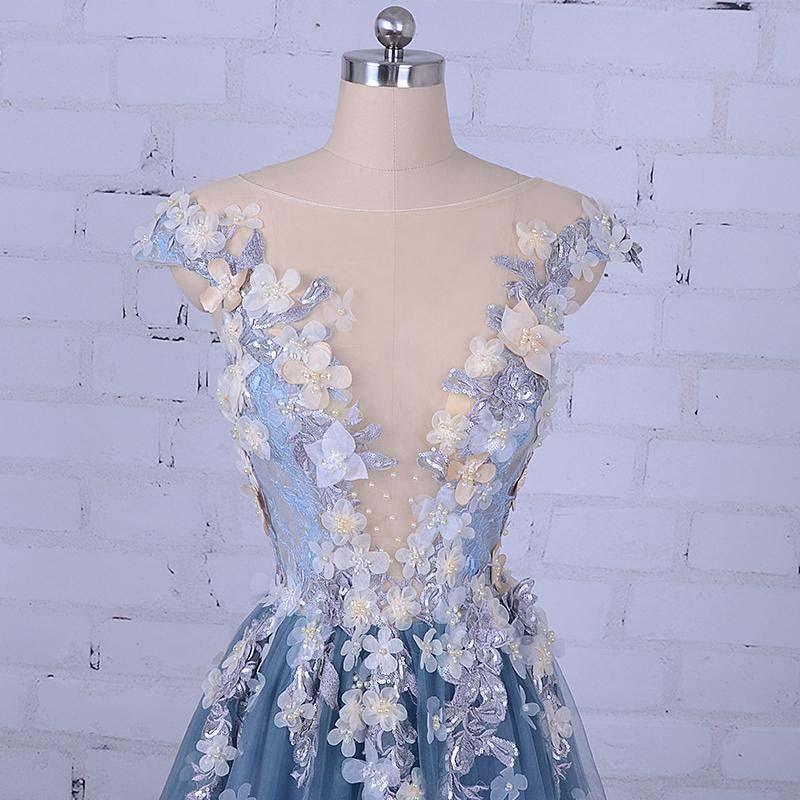 A-line Scoop Neck Sweep/Brush Train Evening Dress Long Prom Dress With Flora Appliques