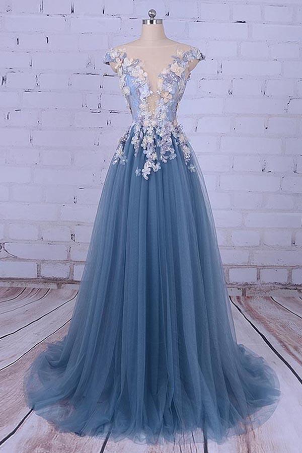 A-line Scoop Neck Sweep/Brush Train Evening Dress Long Prom Dress With Flora Appliques