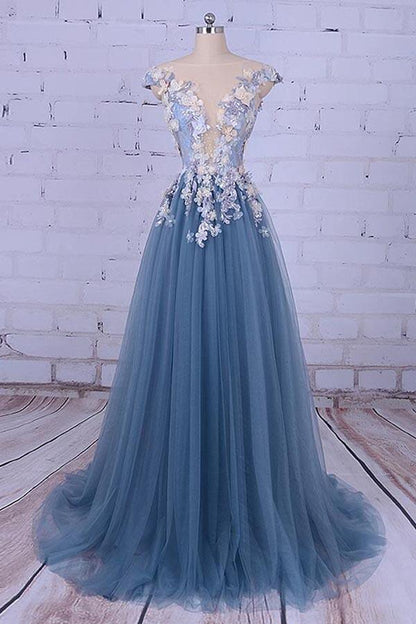 A-line Scoop Neck Sweep/Brush Train Evening Dress Long Prom Dress With Flora Appliques