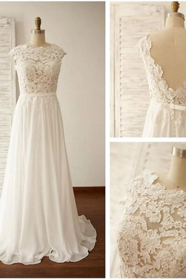 Scoop Neck V-Back Lace A-Line Cap Sleeve Wedding Dress