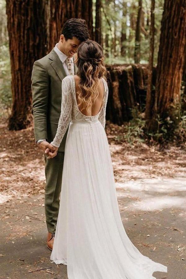 Scoop Long Sleeve Chiffon Wedding Dresses Backless Ivory Bridal Gown