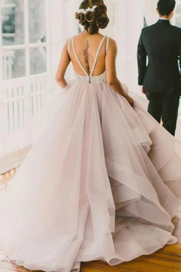 Scoop Sleeveless Organza Prom Dress Evening Gowns with Sweep Train
