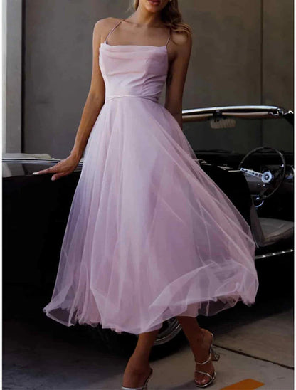 Party Dress Homecoming Dress Wedding Guest Dress Midi Dress Purple Sleeveless Pure Color Mesh Spring Fall Winter Spaghetti Strap Fashion Birthday Wedding Guest Vacation