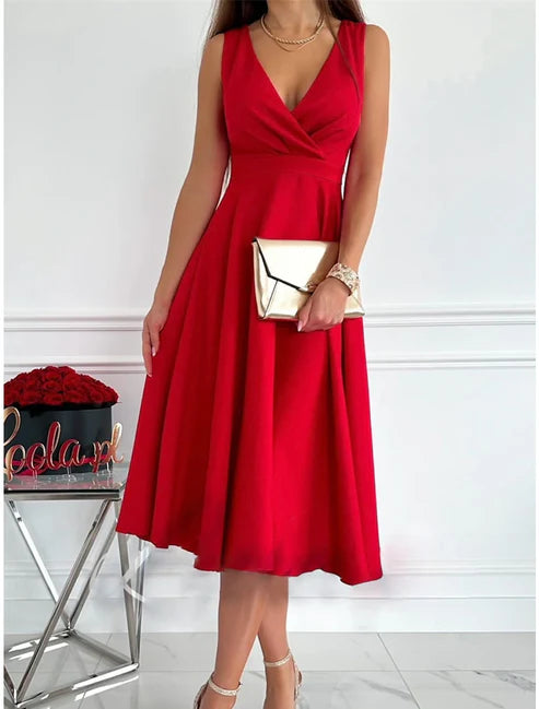 Party Dress New Year's Eve Dress Homecoming Dress Cocktail Dress Midi Dress Light Pink Black Red Sleeveless Ruched Summer Spring V Neck Birthday