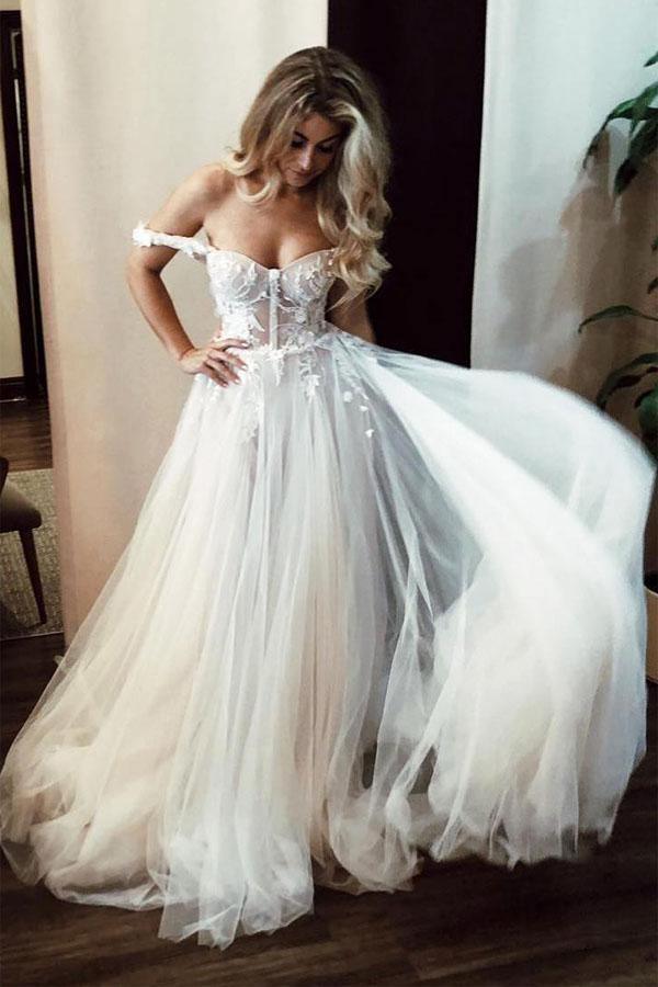 See-Through Off Shoulder Ivory Long Wedding Dress with Appliques
