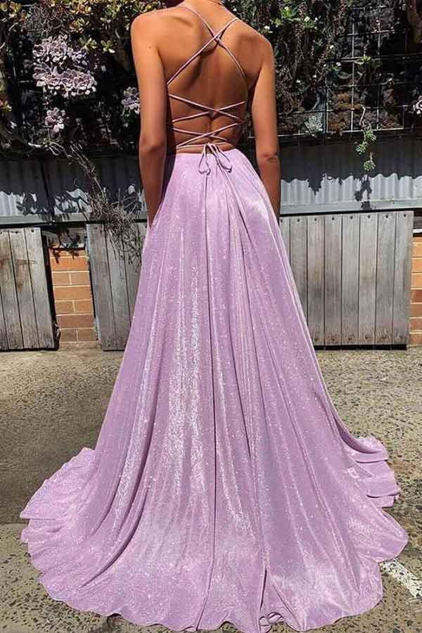 Sleek Glitter Sparking A Line Spaghetti Straps Deep V Neck Backless Long Prom Dresses