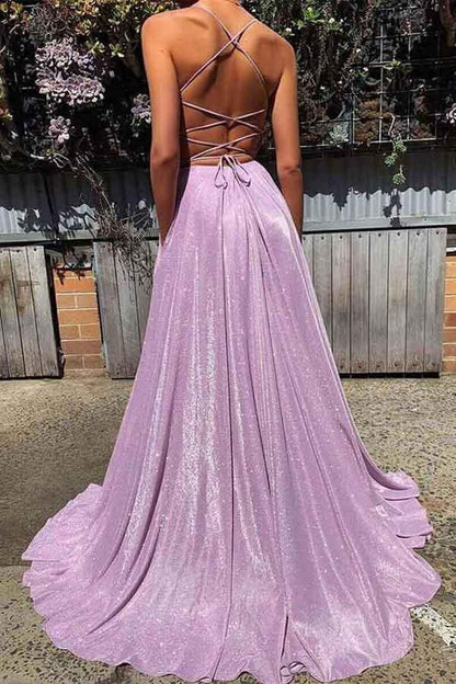 Sleek Glitter Sparking A Line Spaghetti Straps Deep V Neck Backless Long Prom Dresses