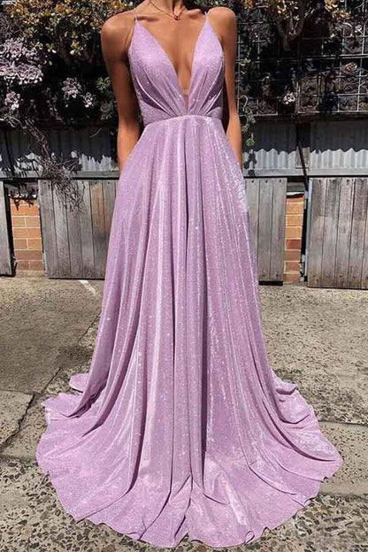 Sleek Glitter Sparking A Line Spaghetti Straps Deep V Neck Backless Long Prom Dresses
