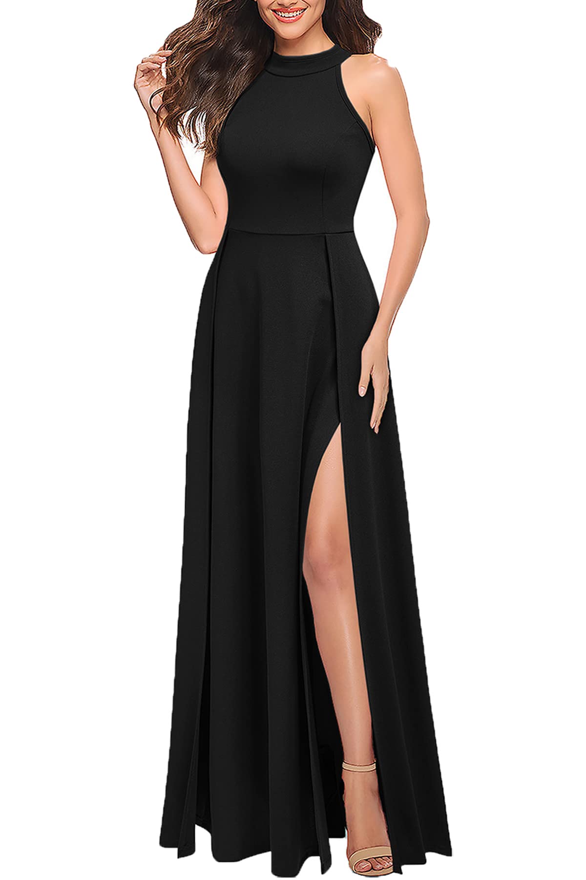 Wedding Guests Dresses Women's Halter Neck Sexy Side Fork Cocktail Party Maxi Long Prom Dresses Formal Wear Dresses