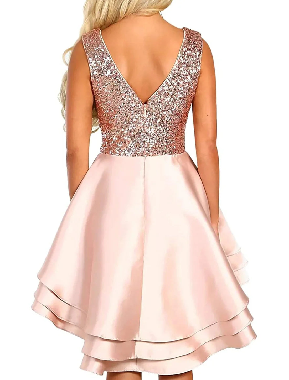 A-Line  Party Dress Homecoming Cocktail Party Asymmetrical Sleeveless V Neck Pink Dress Satin with Sequin Tiered
