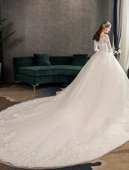 Engagement Formal Wedding Dresses Ball Gown Illusion Neck Long Sleeve Cathedral Train Lace Bridal Gowns With Pleats Appliques