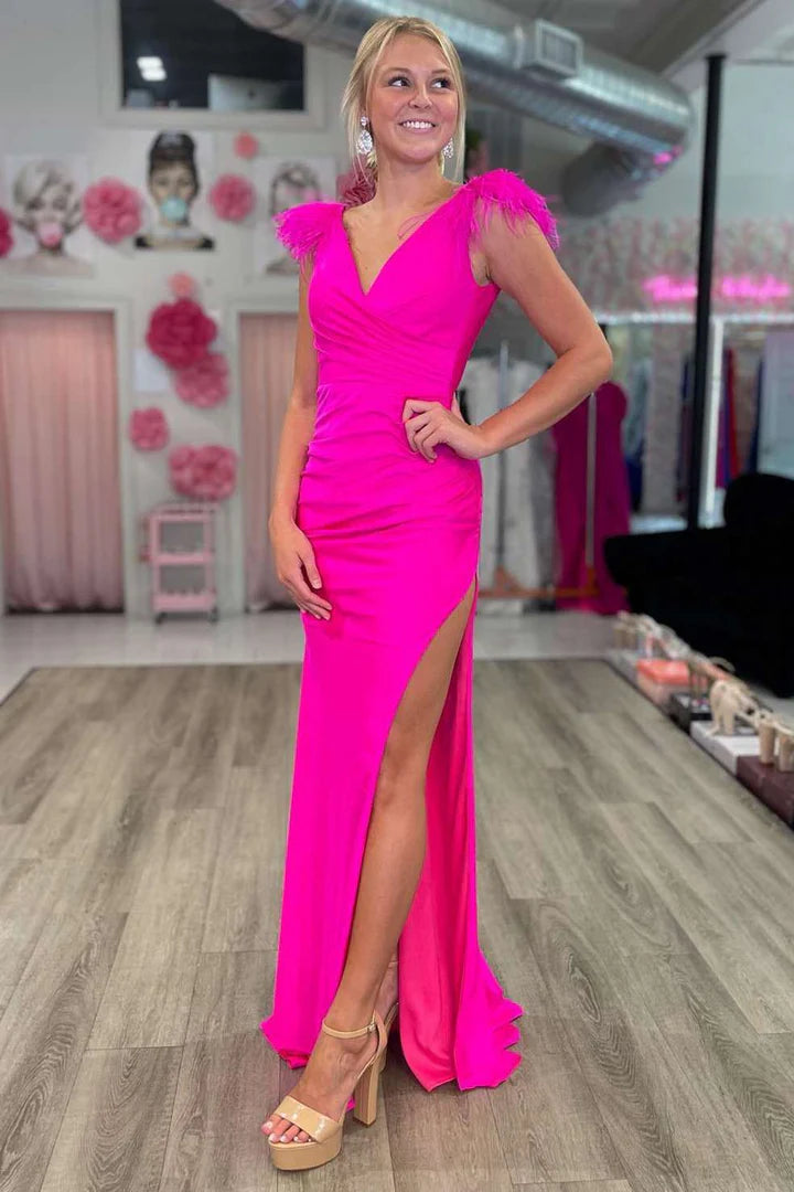 Feather V-Neck Long Prom Dress with Slit