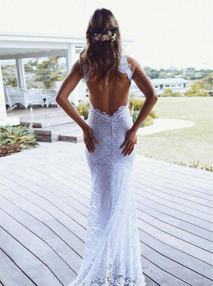 Sheath High Neck Sweep Train Open Back Lace Wedding Dress with Split