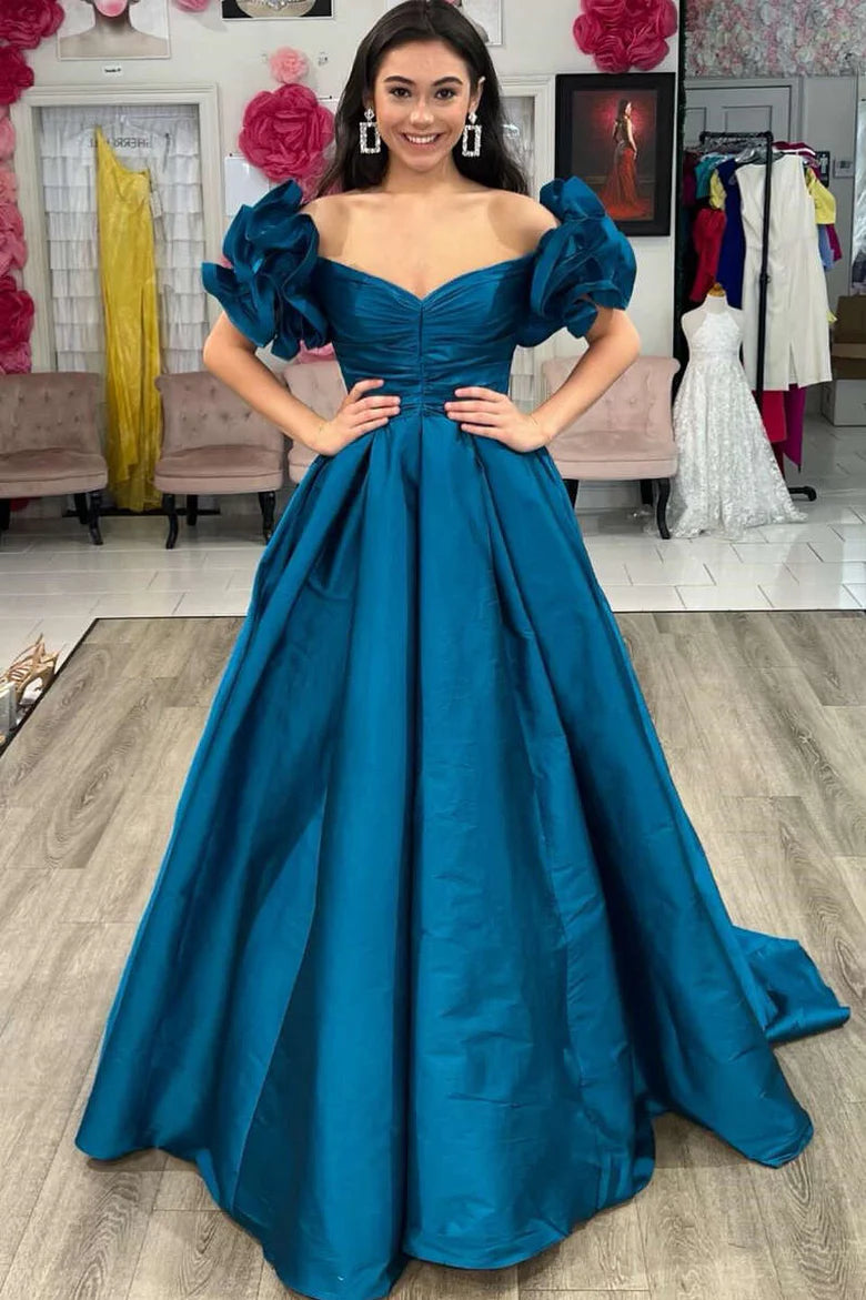 A-Line  Off-the-Shoulder Ruffled Sleeve Prom Gown