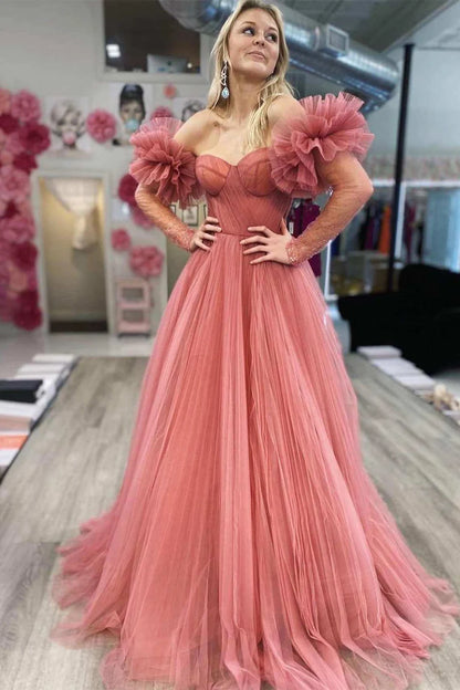 Princess  Tulle Sweetheart Long Prom Dress with Detachable Sleeves