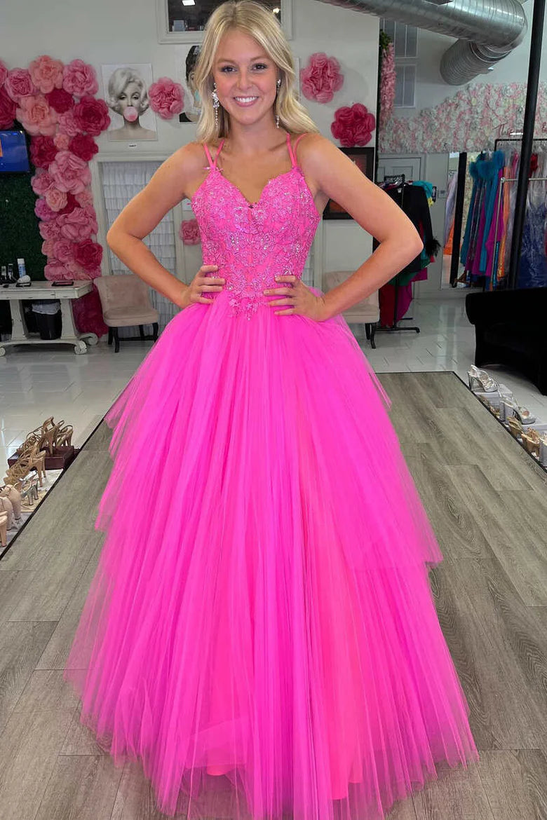 Lace V-Neck Lace-Up Back A-Line Long Ball Gown