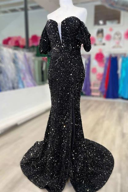 Sequin Off-the-Shoulder Puff Sleeve Long Prom Dress