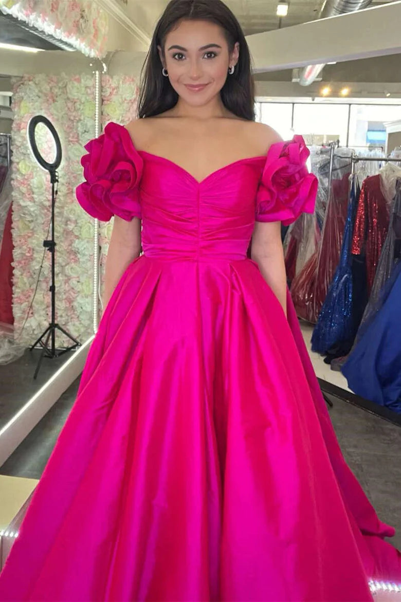 A-Line  Off-the-Shoulder Ruffled Sleeve Prom Gown