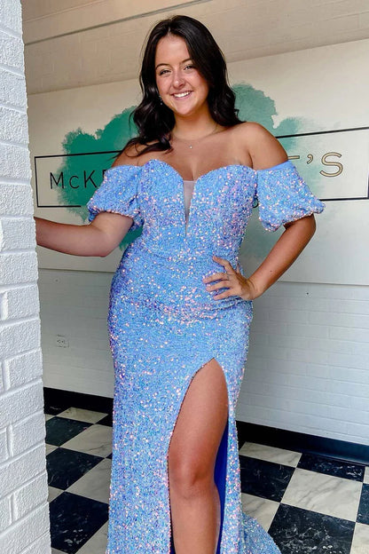Sequin Off-the-Shoulder Puff Sleeve Long Prom Dress