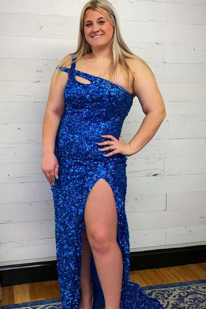 Sequin One-Shoulder Cutout Backless Mermaid Long Prom Dress