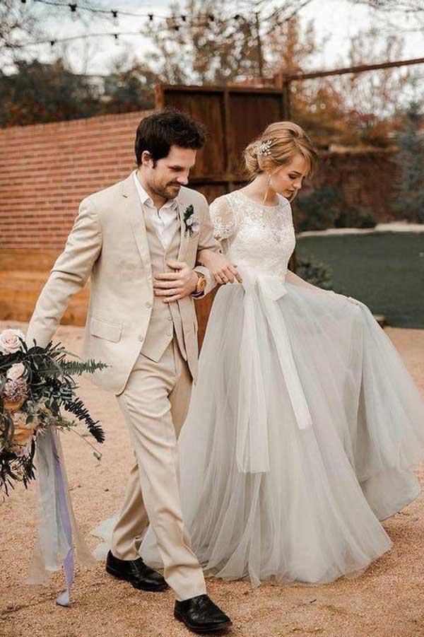 Short Sleeve Lace and Tulle Silver Wedding Dresses with Sash