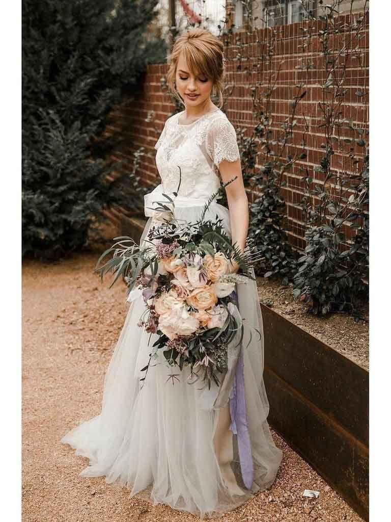 Short Sleeve Lace and Tulle Silver Wedding Dresses with Sash